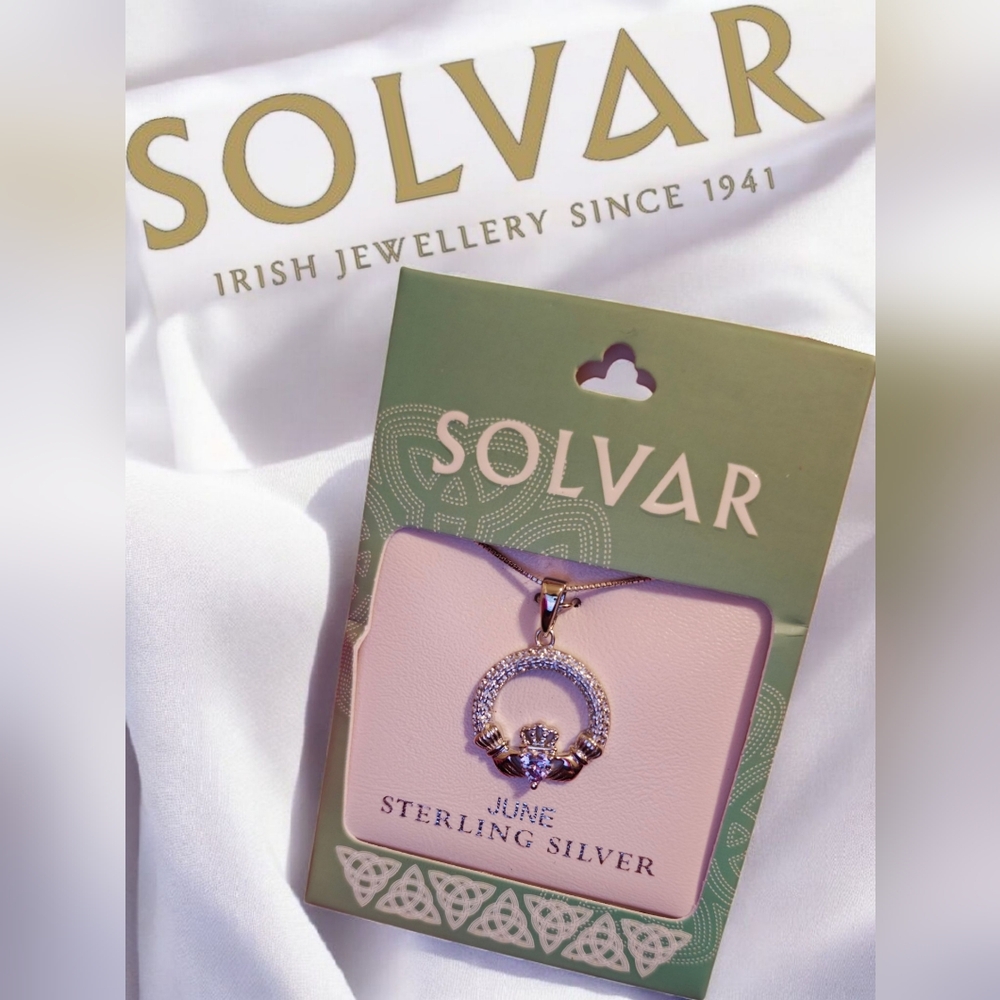 Solvar June Birthstone Amethyst Silver Claddagh Pendant NEW!
